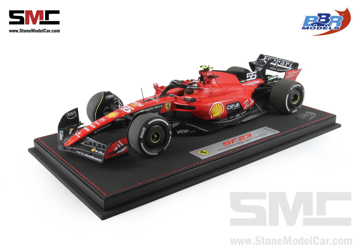 [Pre-Order] Ferrari F1 SF-23 #55 Carlos Sainz Singapore GP 2023 BBR 1:18 with Leather Base