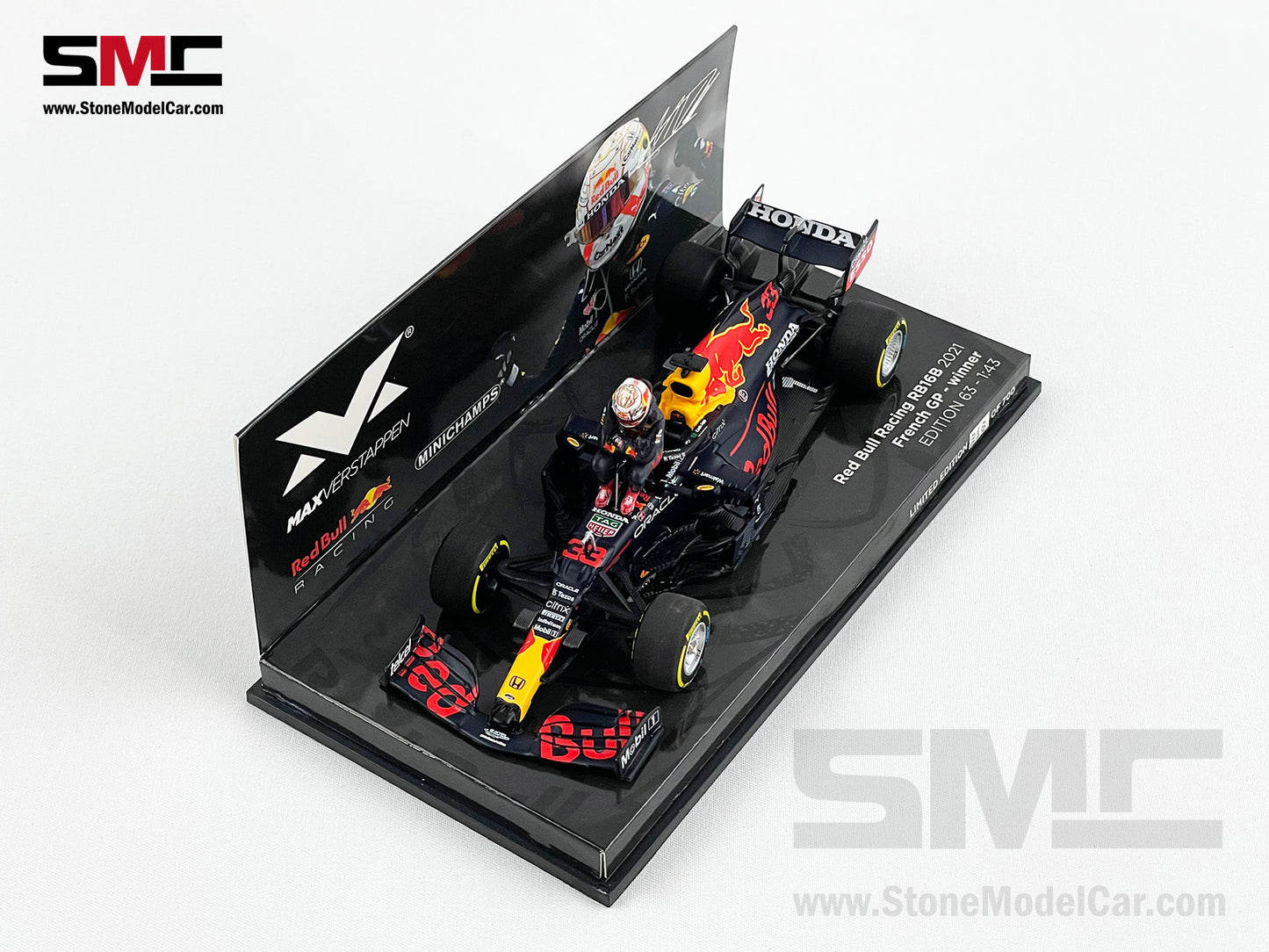 2021 F1 World Champion #33 Max Verstappen Red Bull RB16B French GP 1:43 MINICHAMPS with Figure