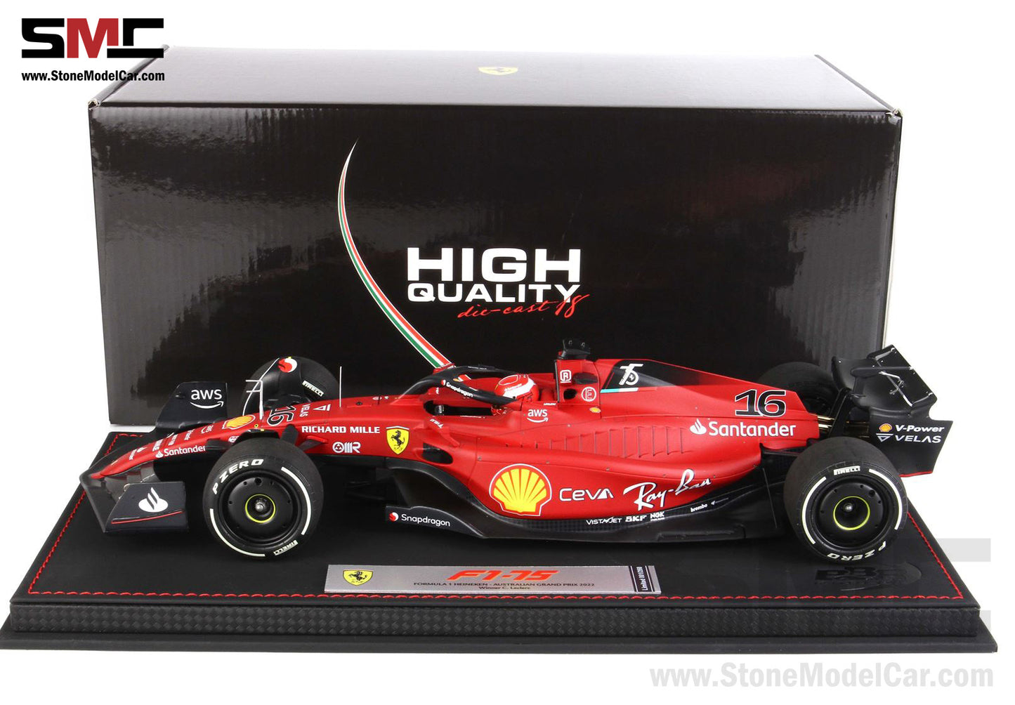 2022 F1 Ferrari F1-75 #16 Charles Leclerc Australian GP Winner BBR 1:18 with Display Case